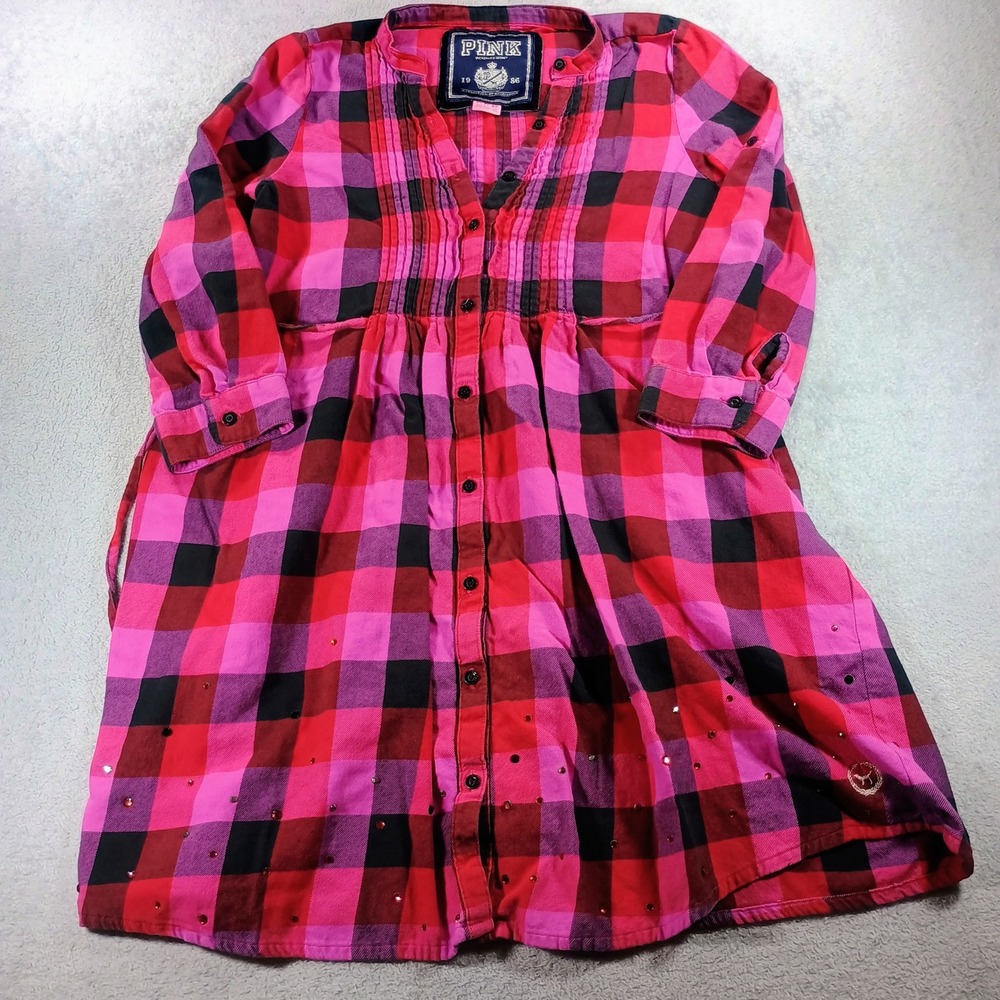 PINK Womens Plaid Flannel Tunic Pink Red XS Rhinestone Embellished